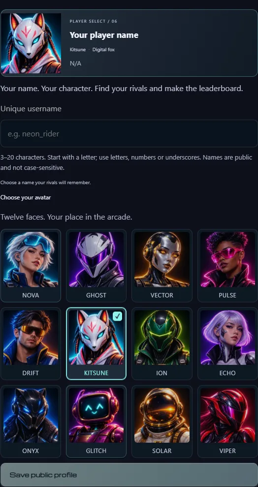 The avatar roster and public profile editor